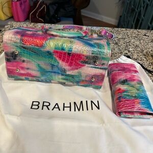 Brahmin Pink and Blue Satchel with Artistic Design